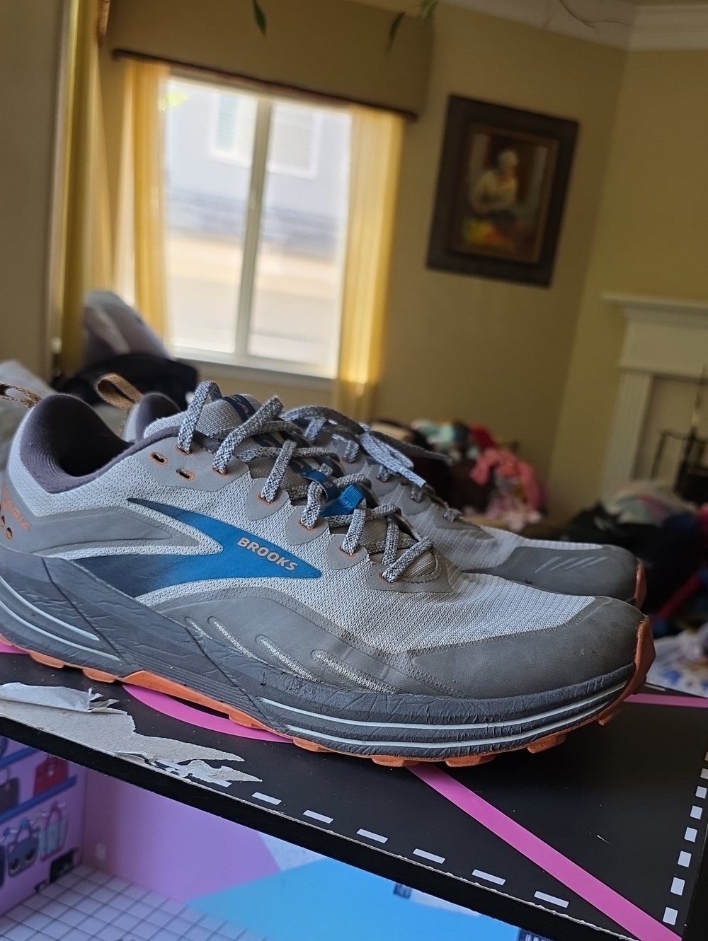 Brooks Men’s Gray and Blue Athletic Running Shoes with Orange Accents